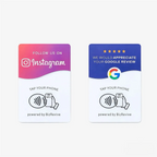 Front view of a 2-pack bundle featuring one matte white and blue Google Review card and one vibrant Instagram Follow card, both with built-in NFC technology for all businesses.